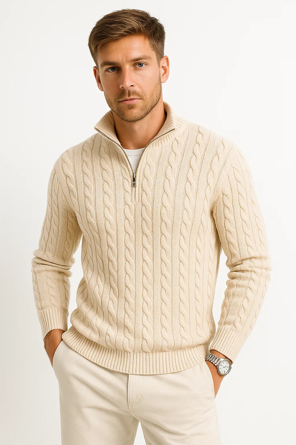 Men's spring cable knit sweater with zip-neck closure, structured texture for versatile layering
