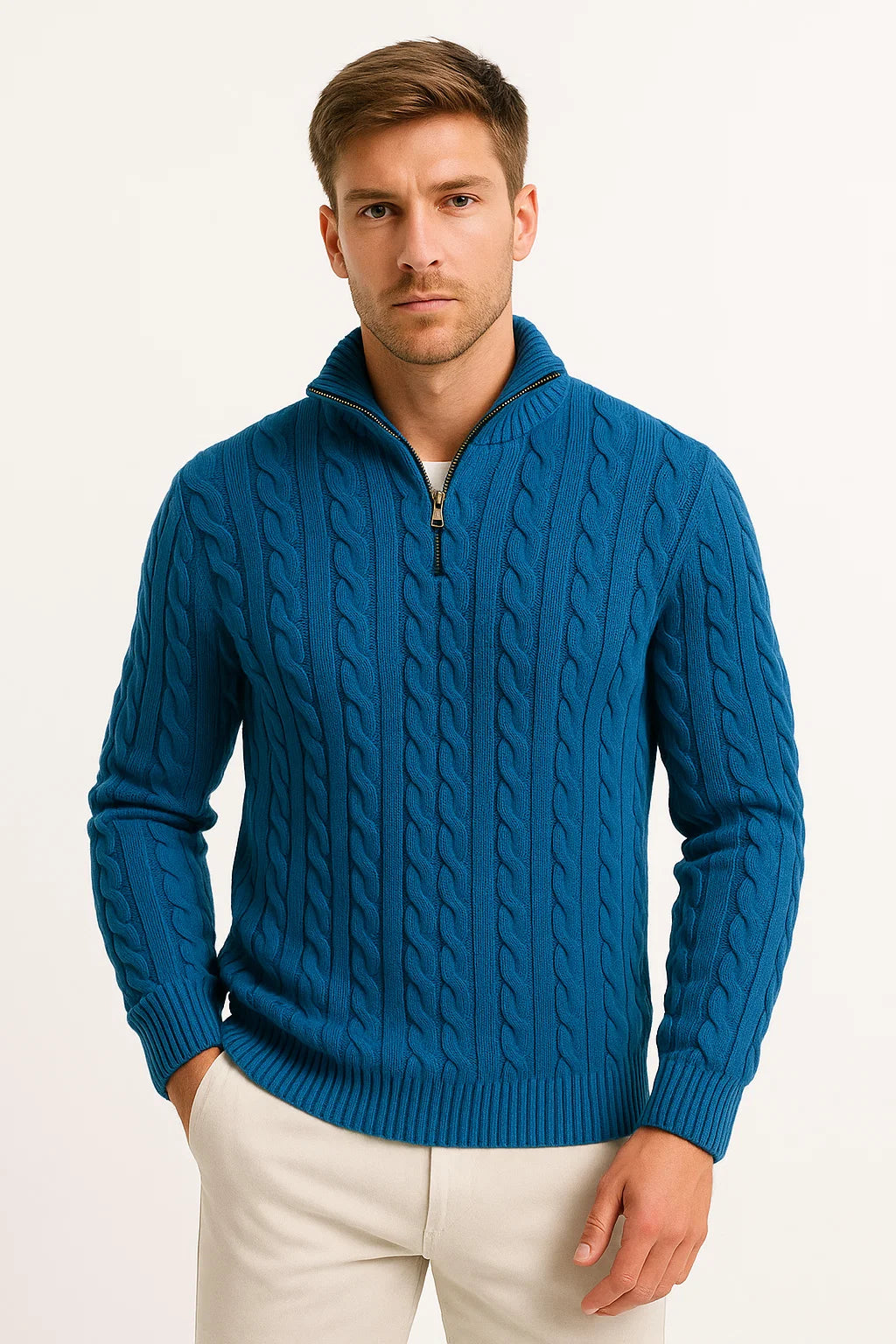 Men's spring cable knit zip-neck sweater in neutral tone, polished texture for versatile layering