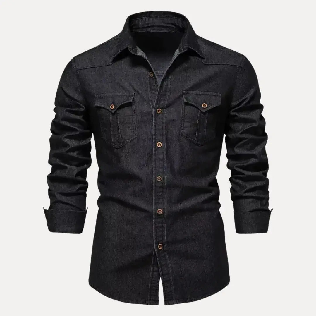 Men's blue vintage wash denim shirt rugged button-down long sleeve with front pockets Western style