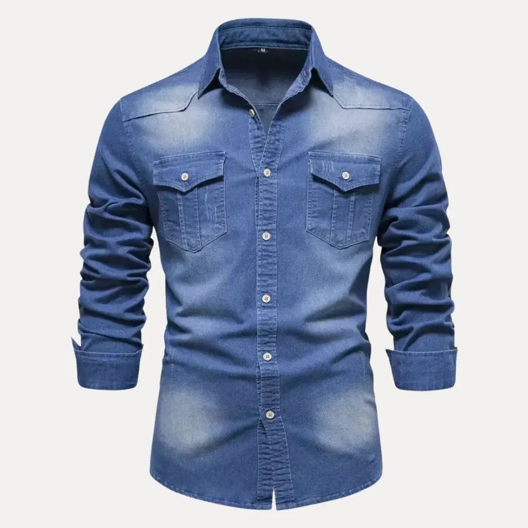 Men's blue vintage wash denim shirt rugged button-down long sleeves front pockets Western style