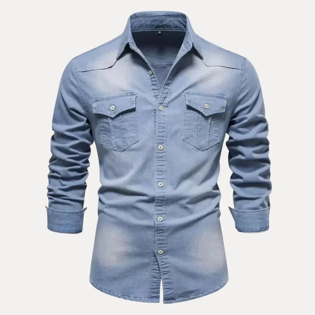 Men's blue vintage wash denim shirt rugged long sleeve button-down with front pockets Western style