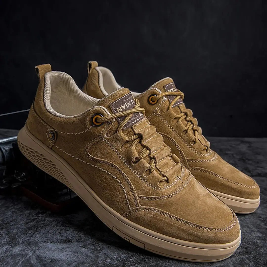 Kai Vortex premium suede sneakers in neutral tones, urban explorer low-top style with rugged durable sole