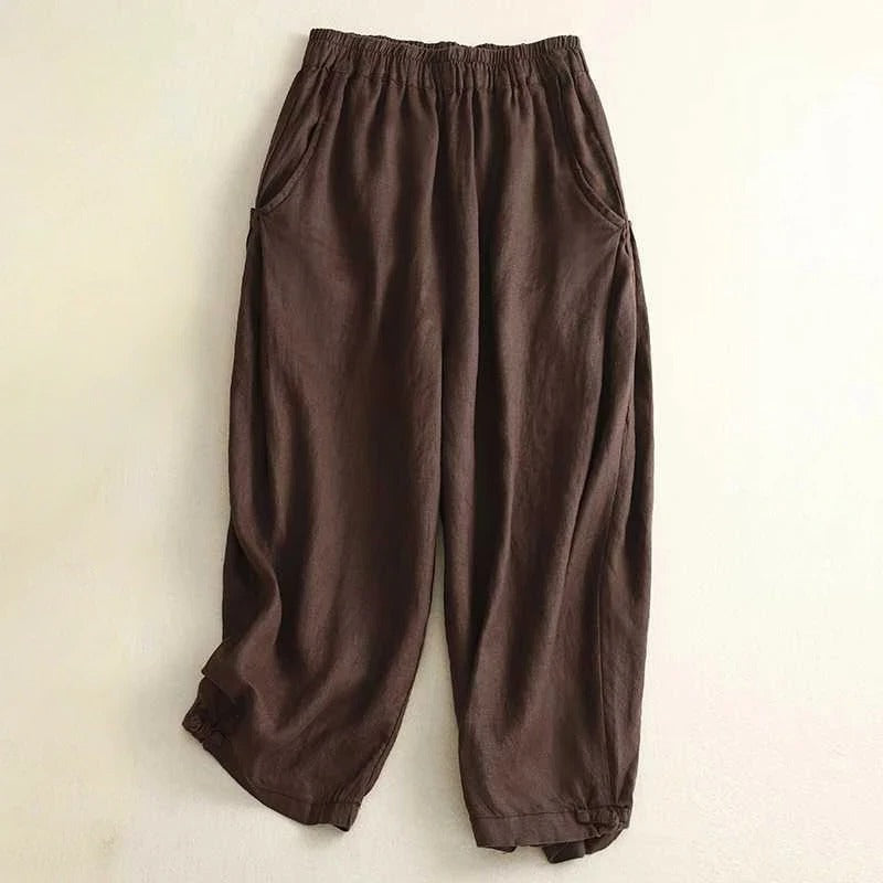 Women's relaxed linen blend pants in earthy tones with stretch waistband for effortless slip-on comfort