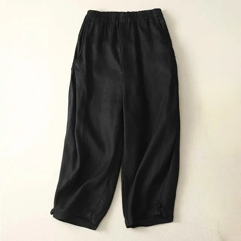 Women's relaxed linen blend pants in earthy tones with stretch waistband for easy slip-on comfort