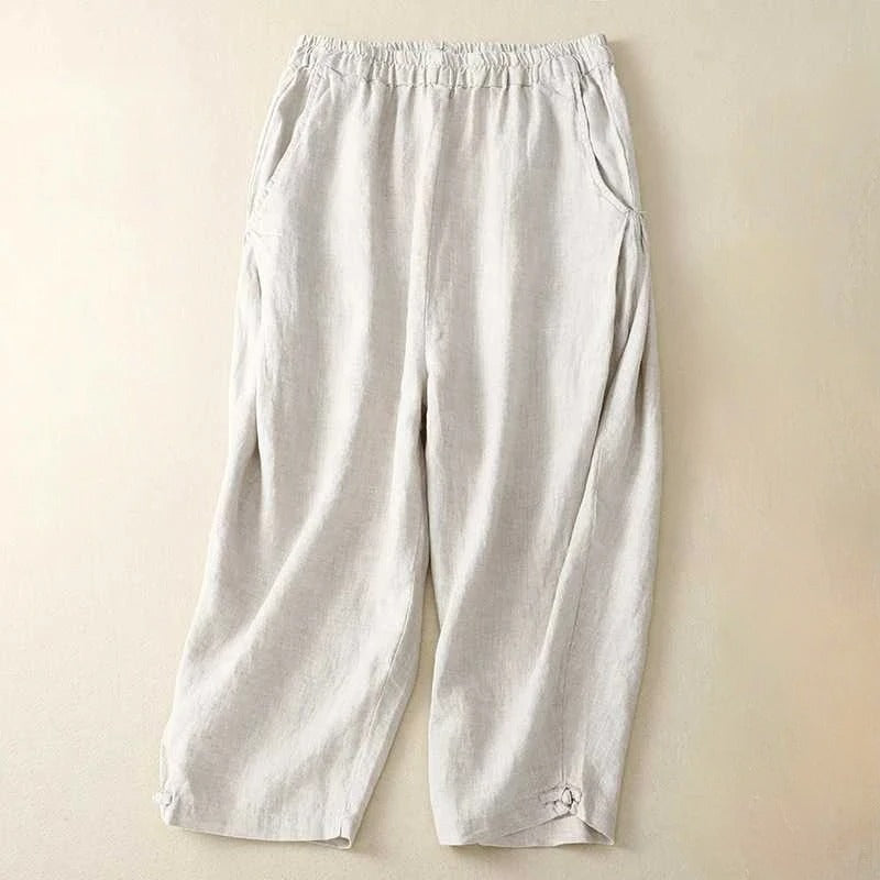 Women's relaxed linen blend pants in earthy tones with stretch waistband for effortless slip-on comfort