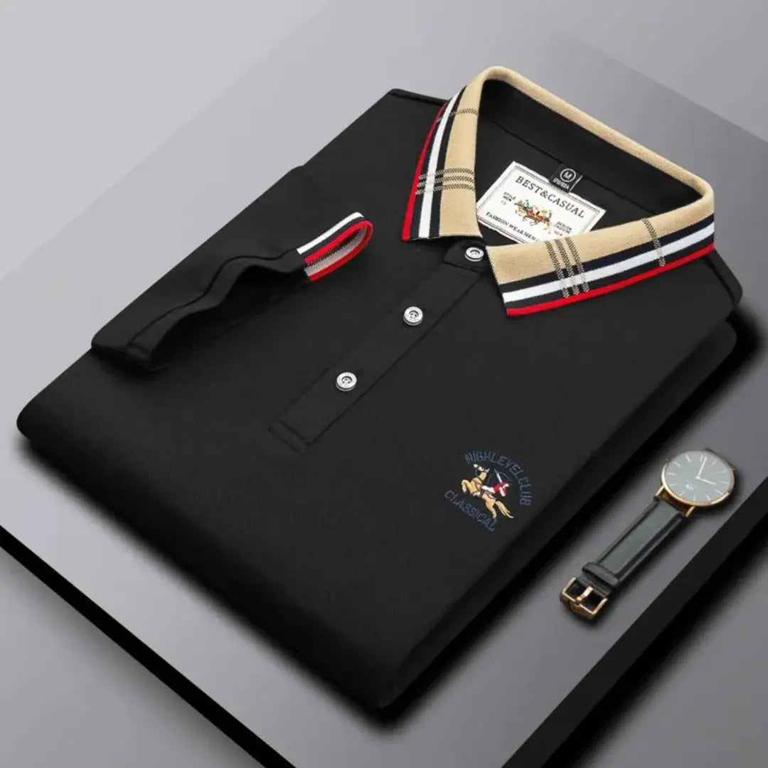 Men's classic navy polo shirt with three-button placket, smart casual short-sleeve versatile style
