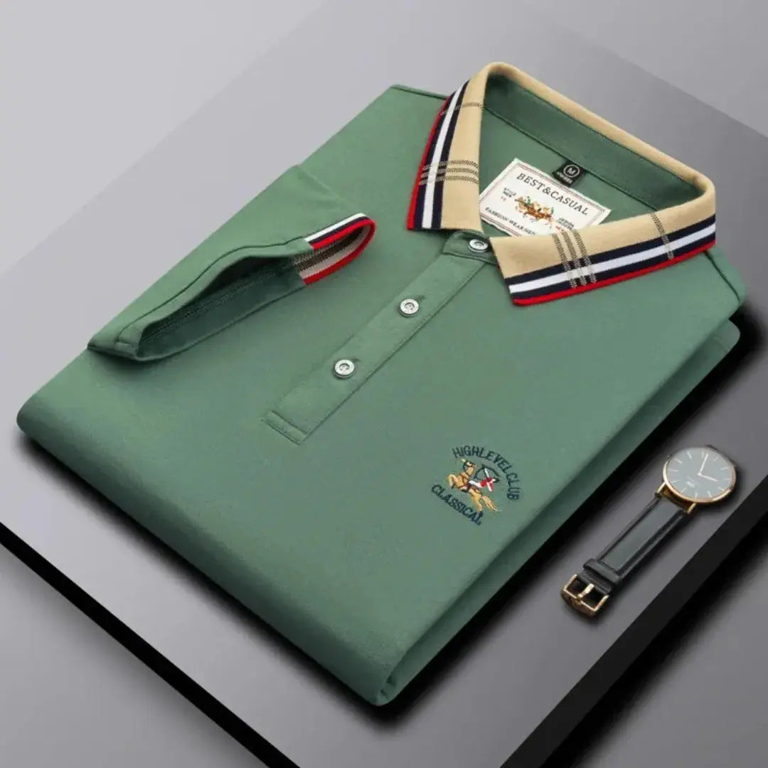 Men's classic navy polo shirt with three-button placket, short sleeves, smart casual silhouette