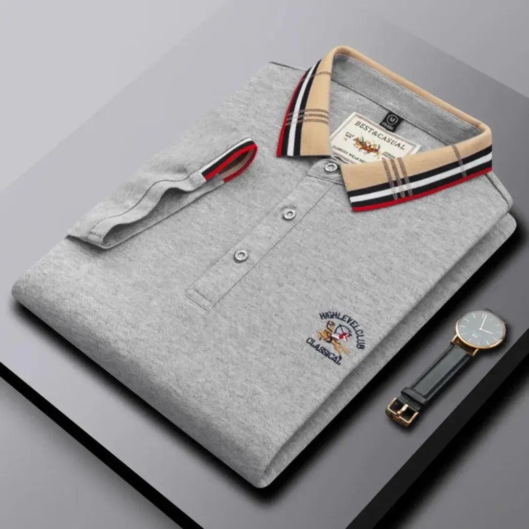 Men's classic navy polo shirt with three-button placket and smart casual short-sleeve silhouette