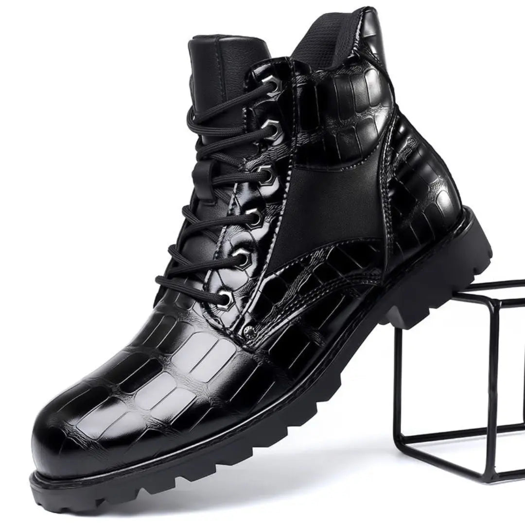 Men's brown crocodile-embossed leather ankle boots with rugged sole and bold textured finish