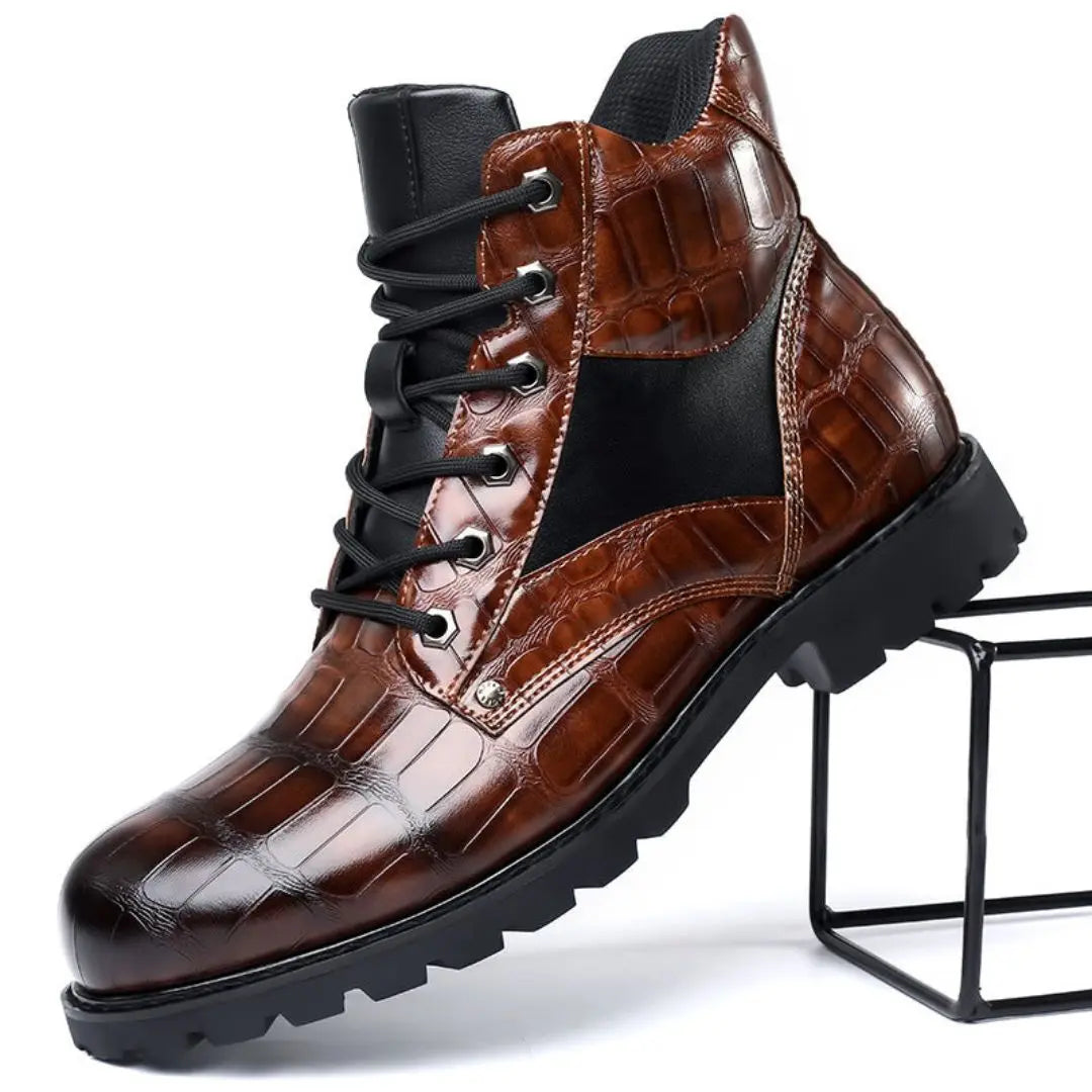 Men's black crocodile-embossed leather ankle boots with bold texture and rugged all-day durability