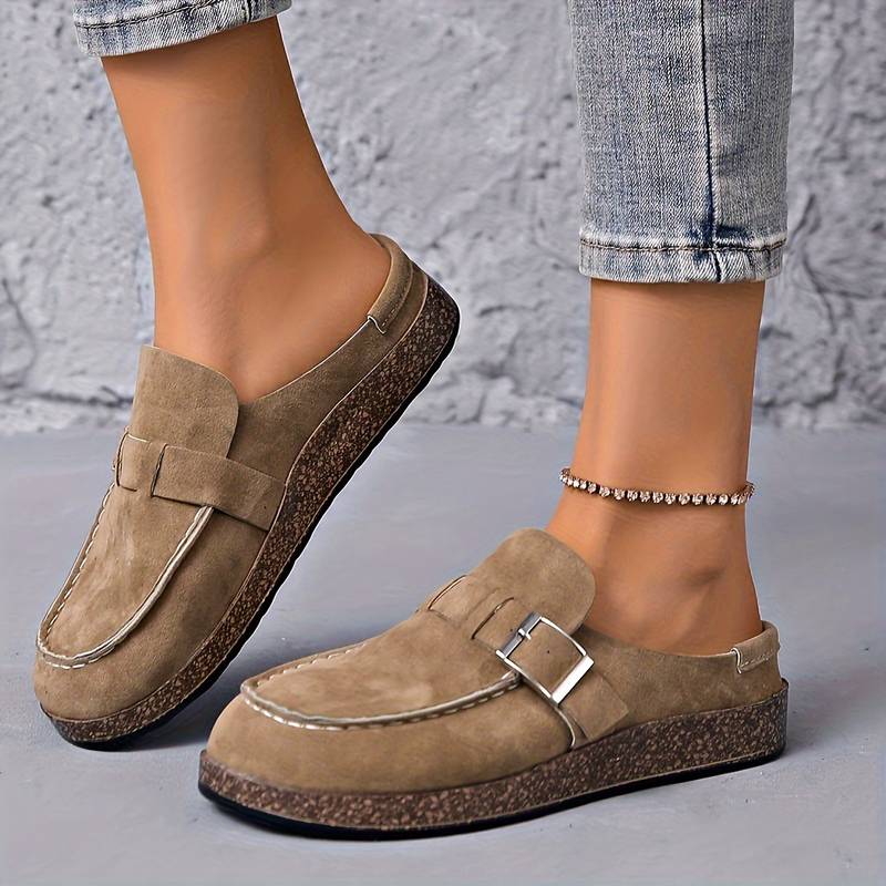 Men's brown suede leather sandals semi-open moccasin style with lightweight cork insole