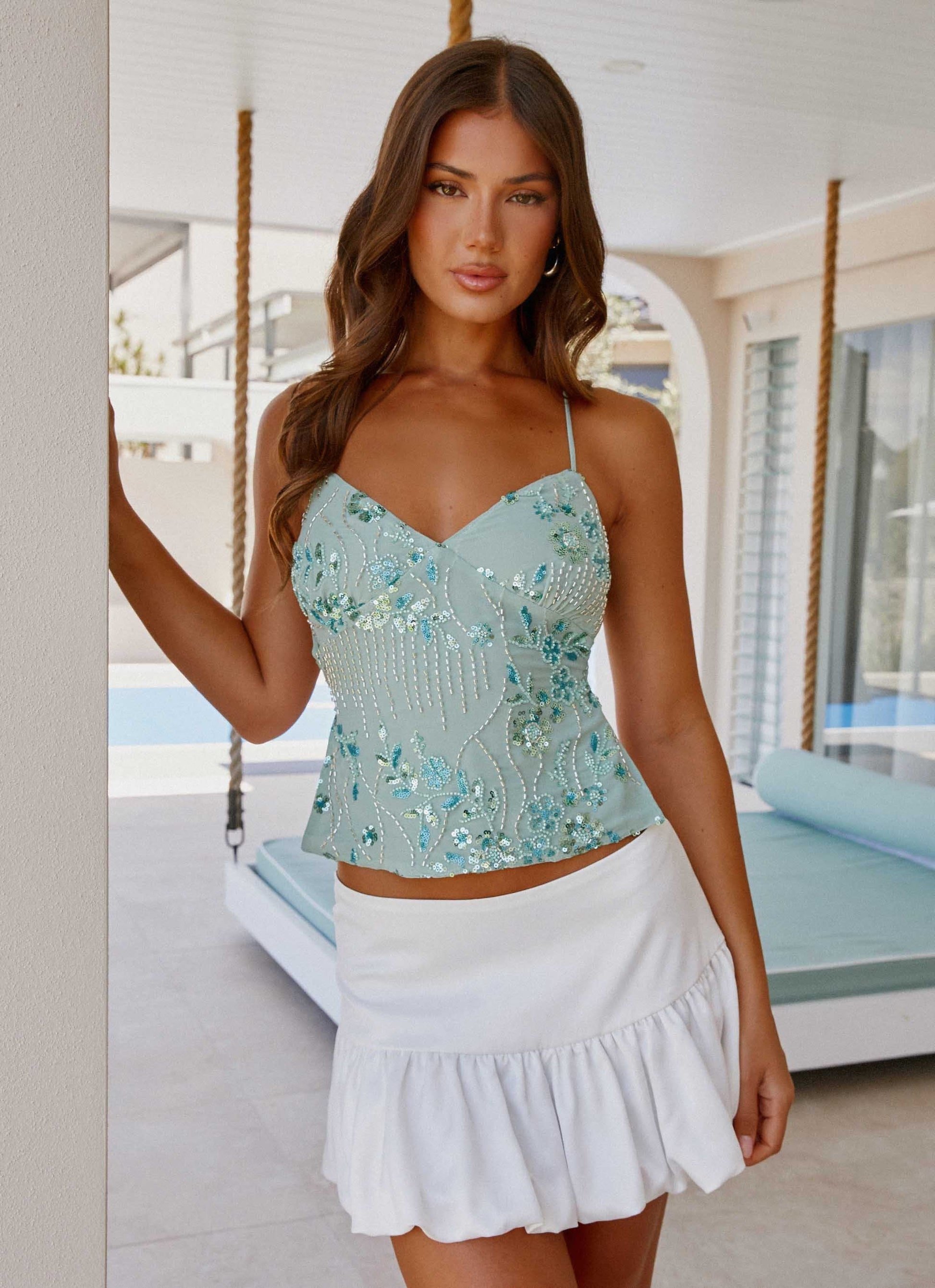 Women's satin floral embroidered sequin top in rose-glow pink with V-neck and adjustable straps