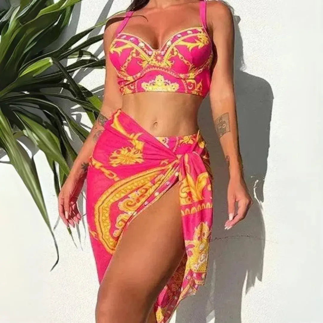Baroque print bikini and sarong set with structured underwire top and high-slit wrap skirt