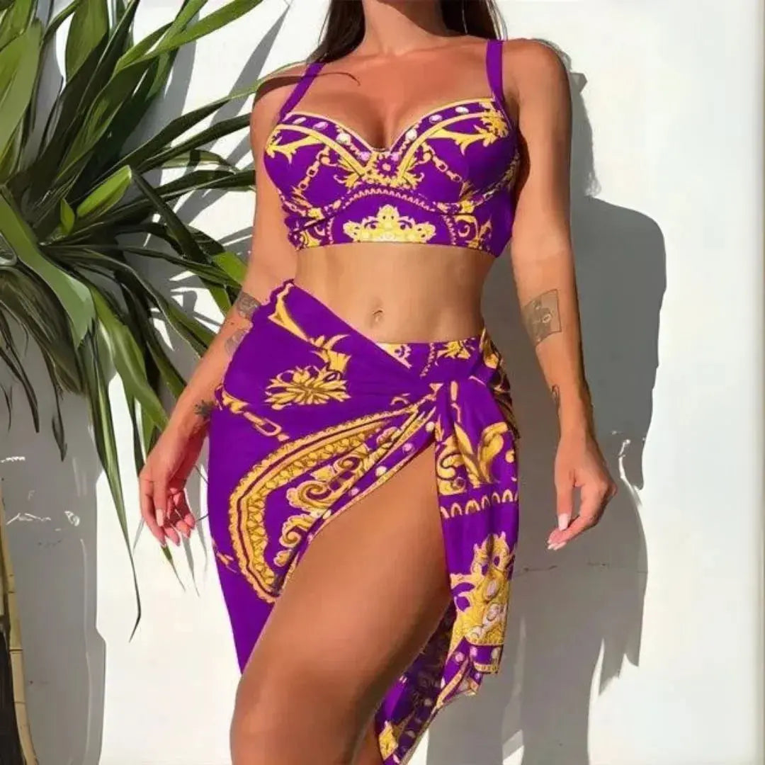 Baroque print bikini and sarong set with structured underwire top and high-slit wrap skirt
