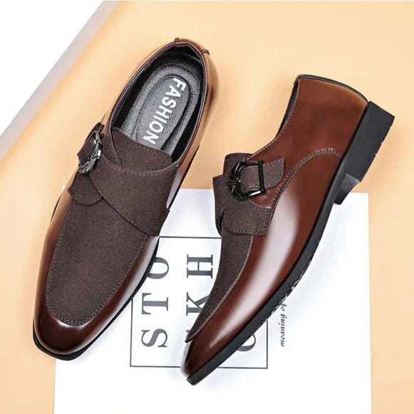 Black dual-texture monk strap shoes with polished and matte upper, metallic buckle, sharp professional style