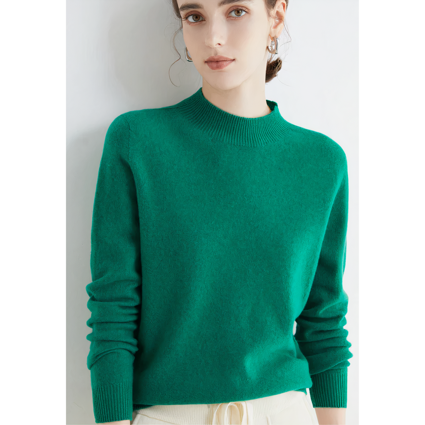 Women's ivory mock neck pullover sweater classic fit soft knit for office and casual wear