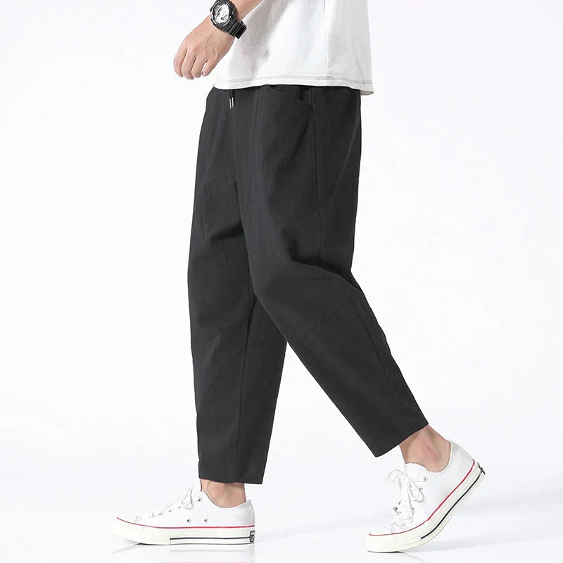 Women's cropped linen pants relaxed tapered fit elastic waist lightweight breathable warm-weather style