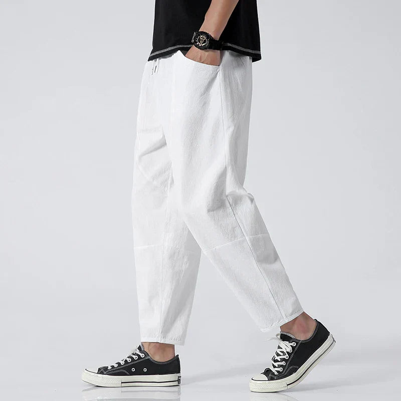 Women's cropped linen pants relaxed tapered fit elastic waist lightweight breathable warm-weather style