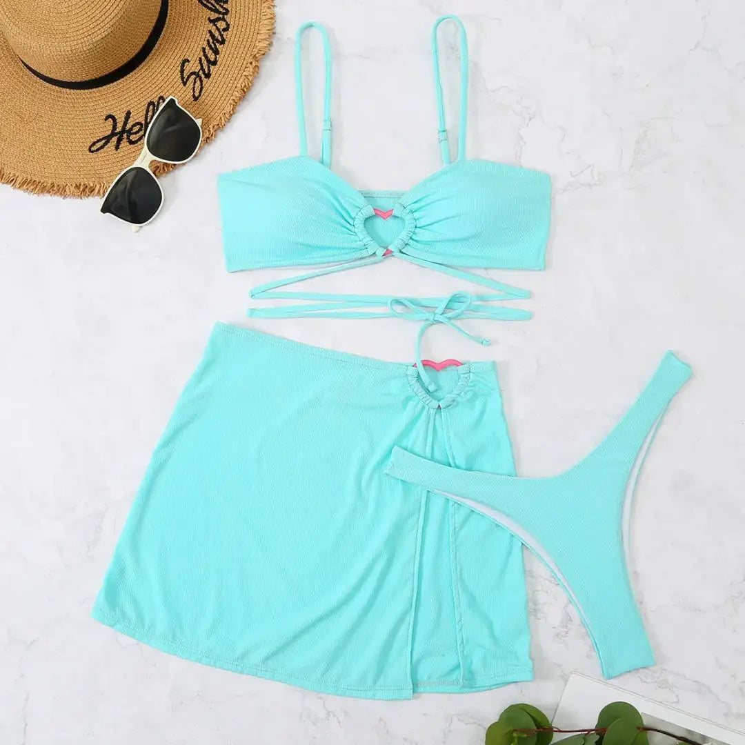Women's 3-piece heart ring cutout bikini set with skirt, quick-dry fabric, flattering beachwear