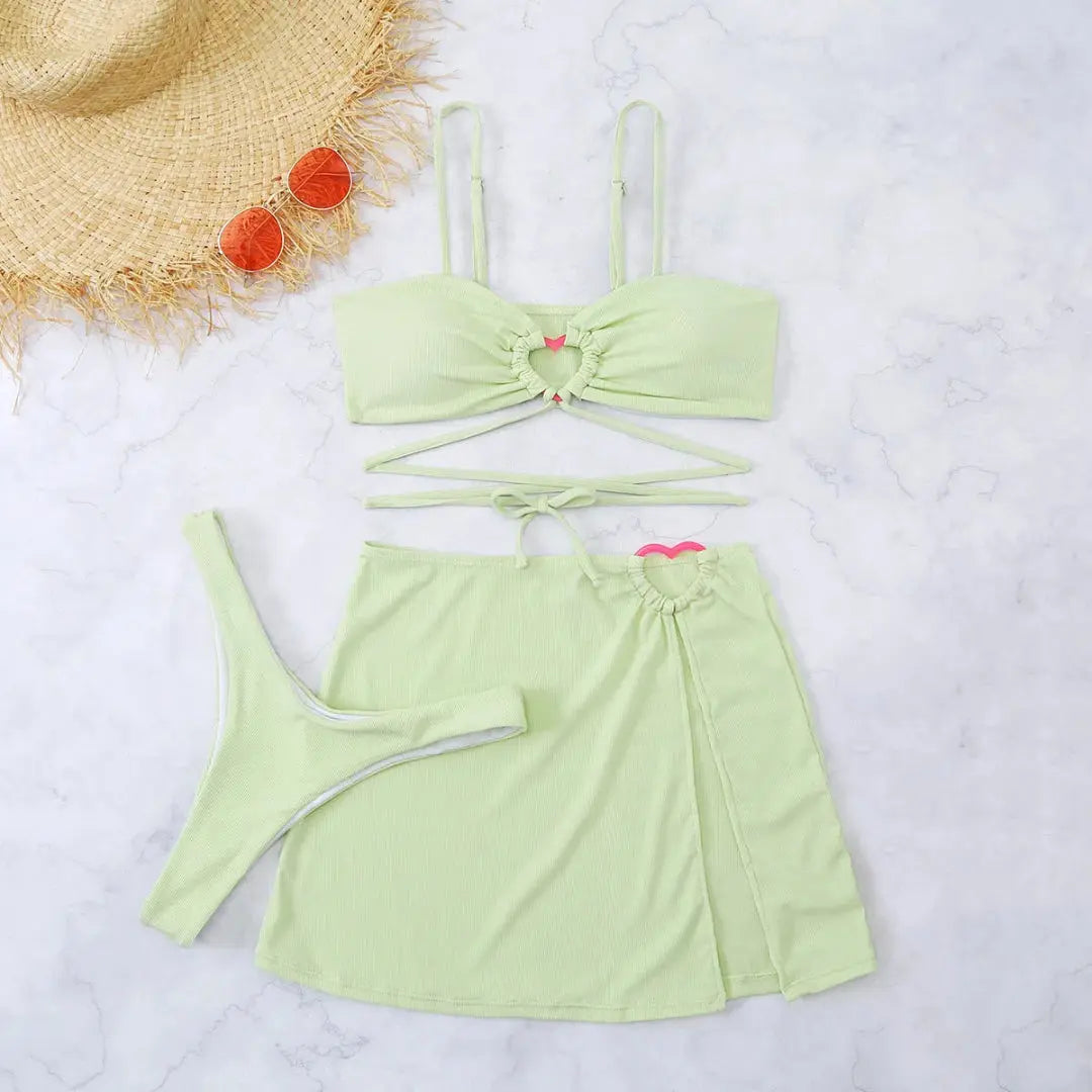 Women's 3-piece heart ring bikini set with skirt, quick-dry fabric, flirty cutout detail