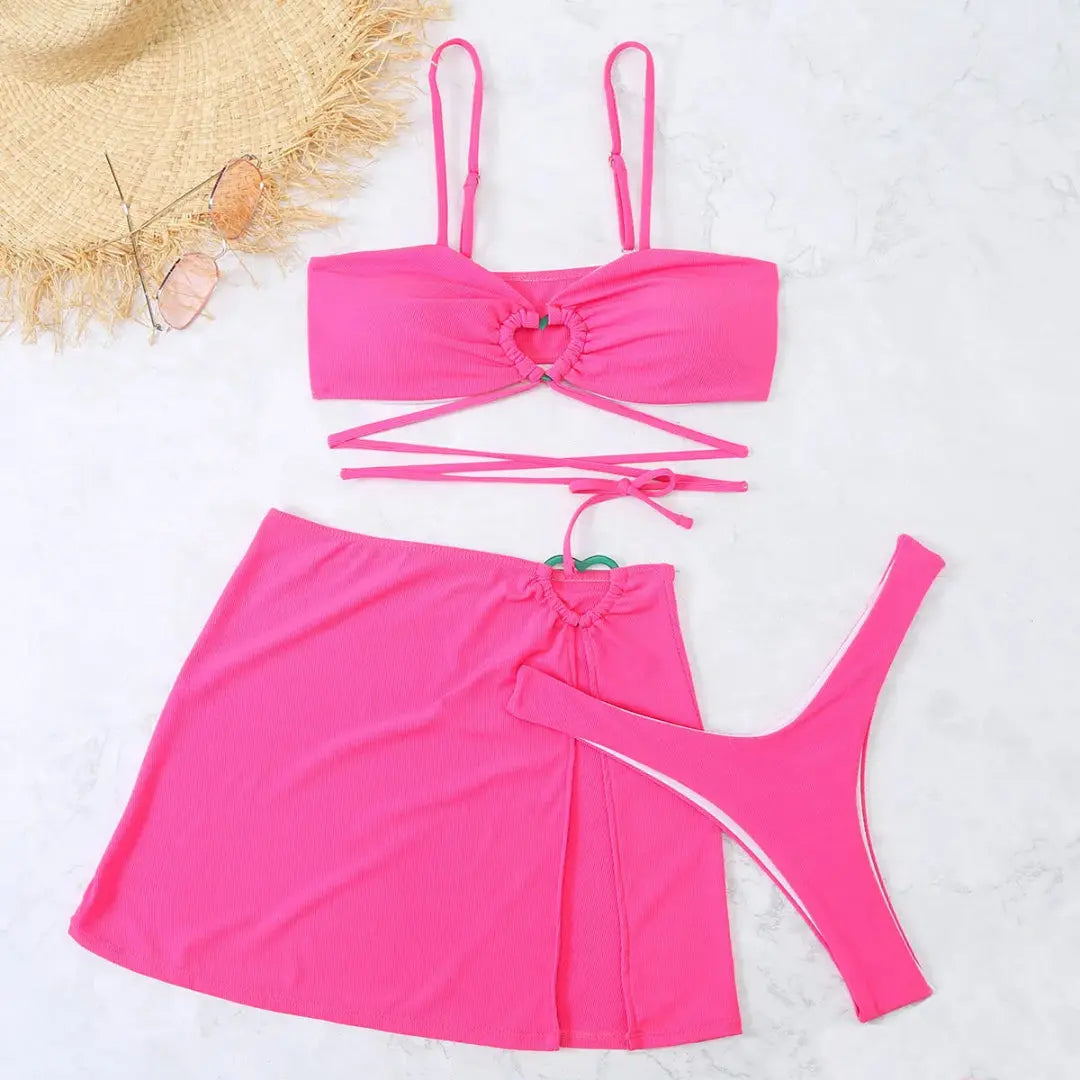 Women's 3-piece heart ring bikini set with skirt, quick-dry fabric, flirty cutout detail