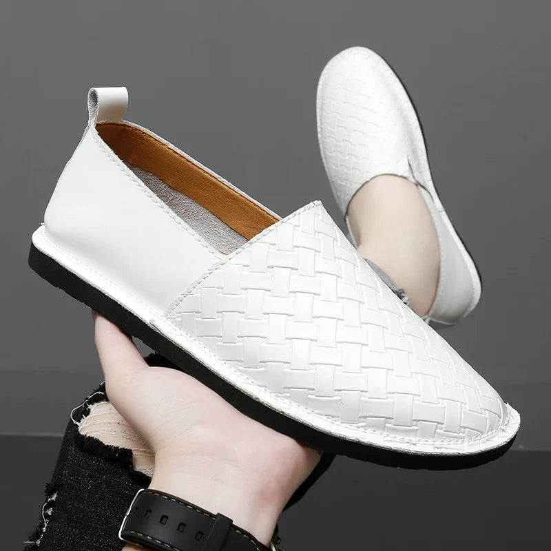 Kavit brown genuine leather slip-on loafer with basketweave texture for all-day professional comfort