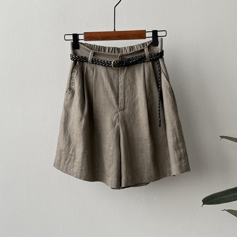Women's beige linen-cotton blend pleated shorts with removable braided belt, relaxed mid-thigh fit