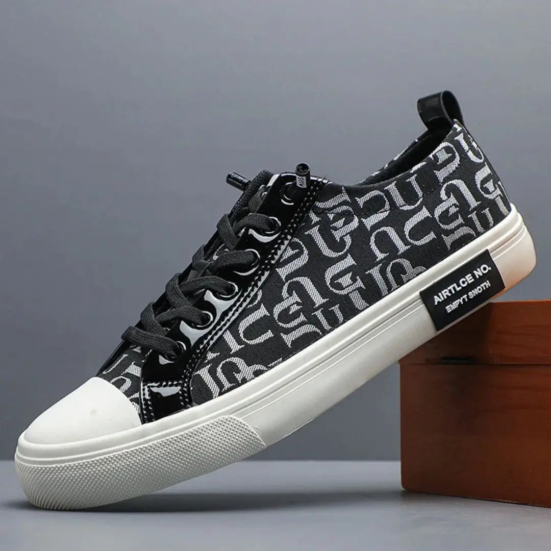 Men's white all-over typography print low-top sneakers with padded collar streetwear graphic design