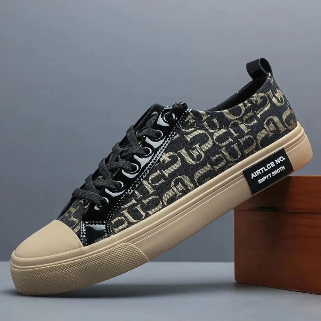 Men's white all-over typography print sneakers with padded collar and bold streetwear graphic design