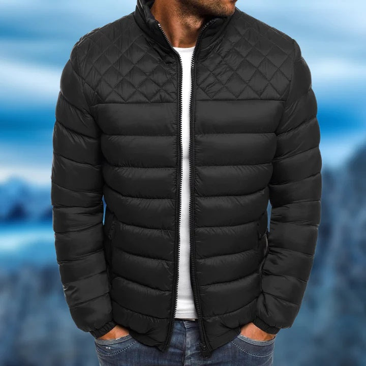 Men's black quilted padded jacket water-repellent high collar urban fit for city wear