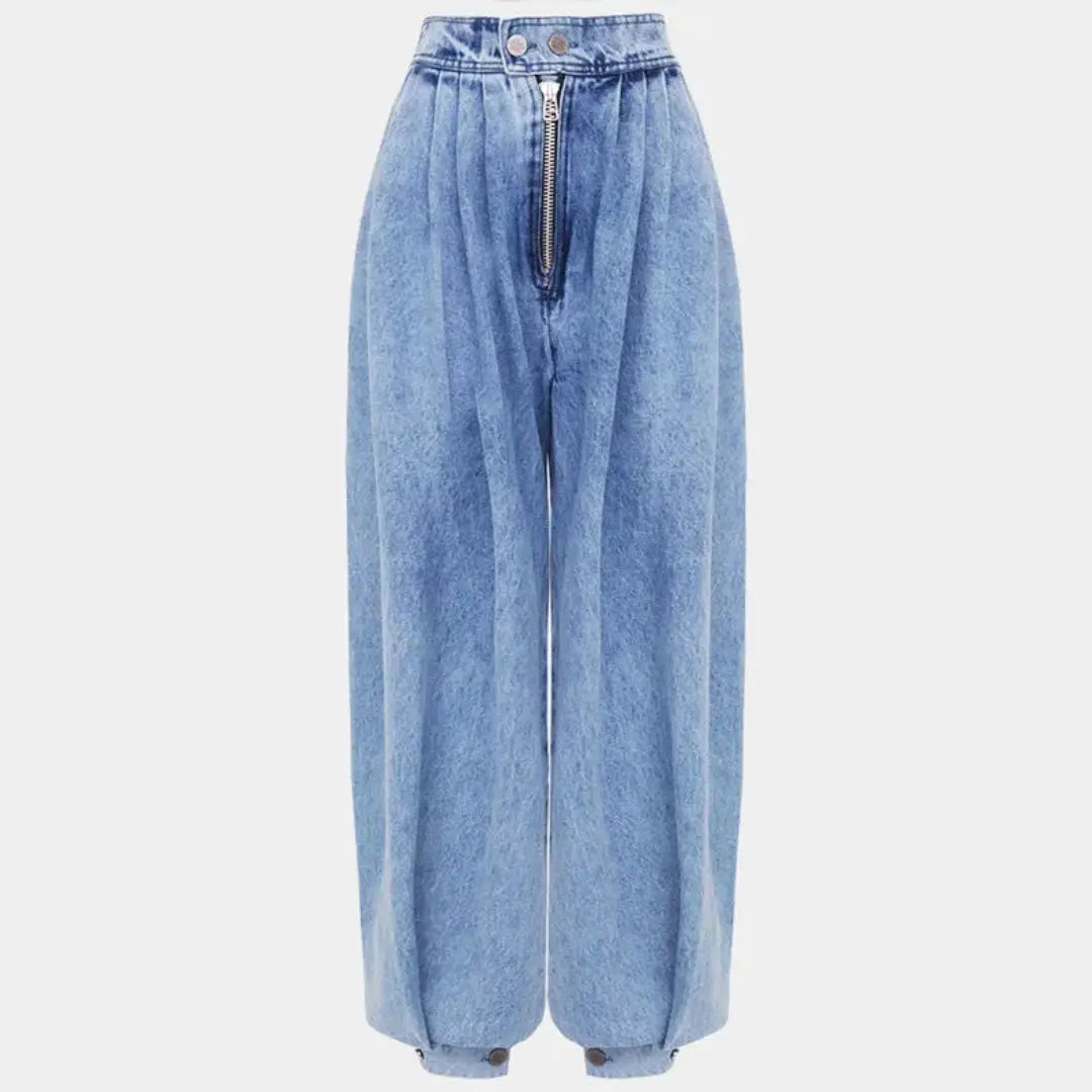 Kendall high-waisted harem jeans balloon pleated legs oversized front zipper bold streetwear denim