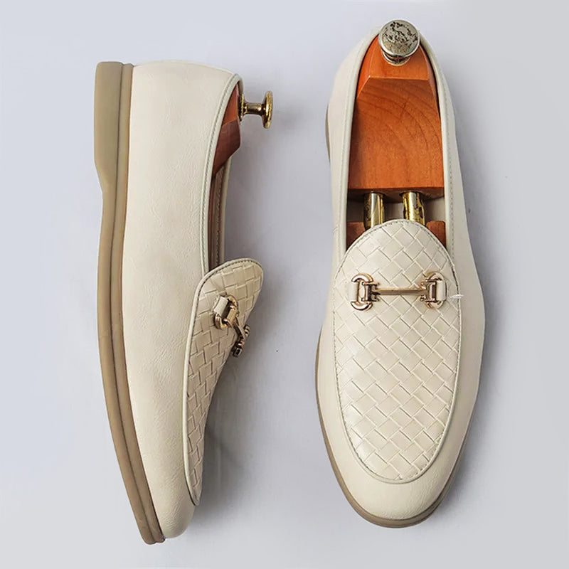 Men's brown PU leather loafers slip-on golden horsebit detail classic heritage style