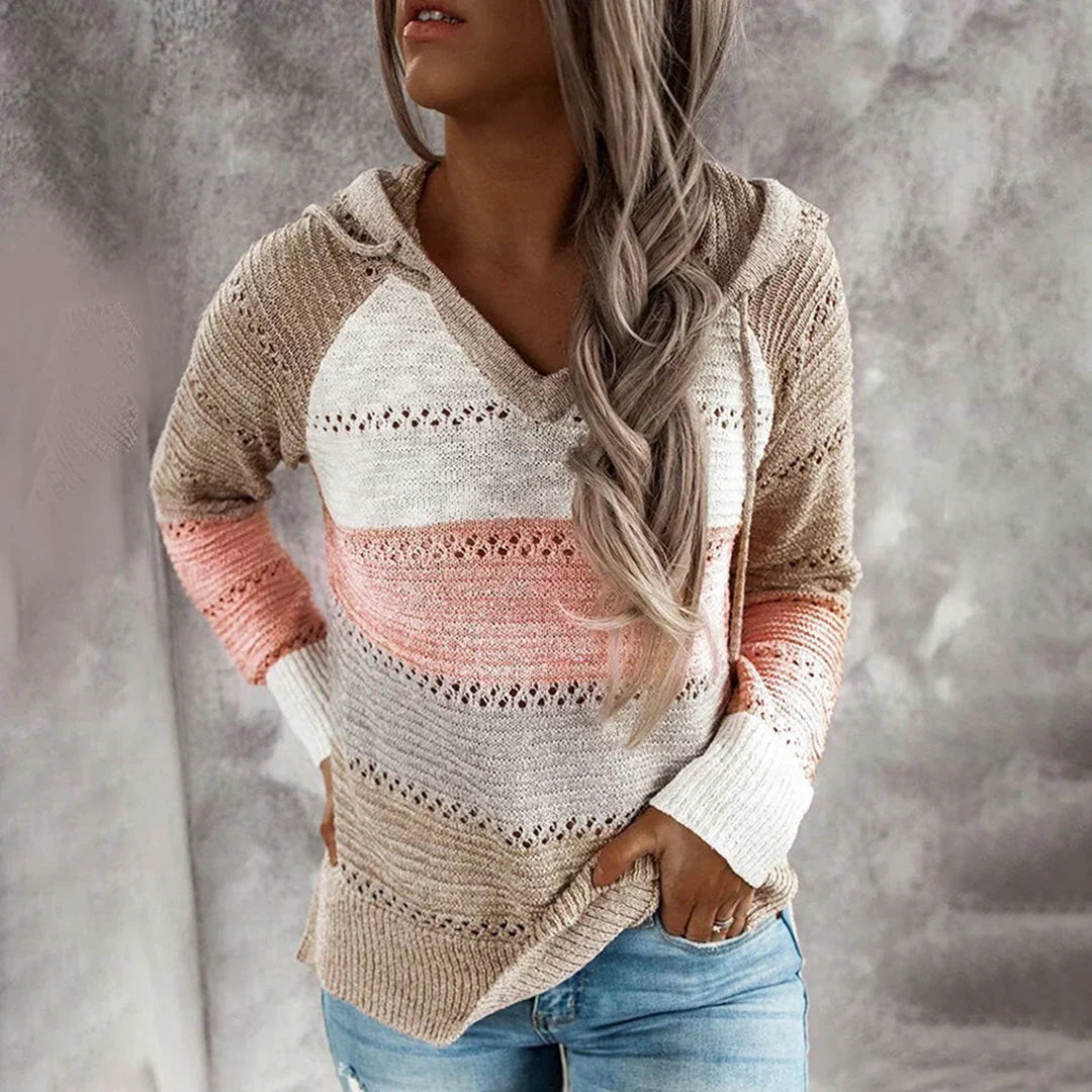 Women's relaxed-fit cotton knit V-neck hoodie with textured pattern, everyday casual pullover top