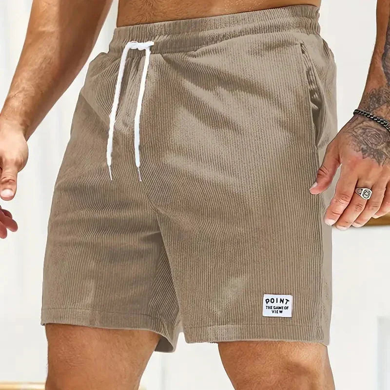 Men's beige corduroy drawstring shorts relaxed fit textured fabric casual everyday beachwear