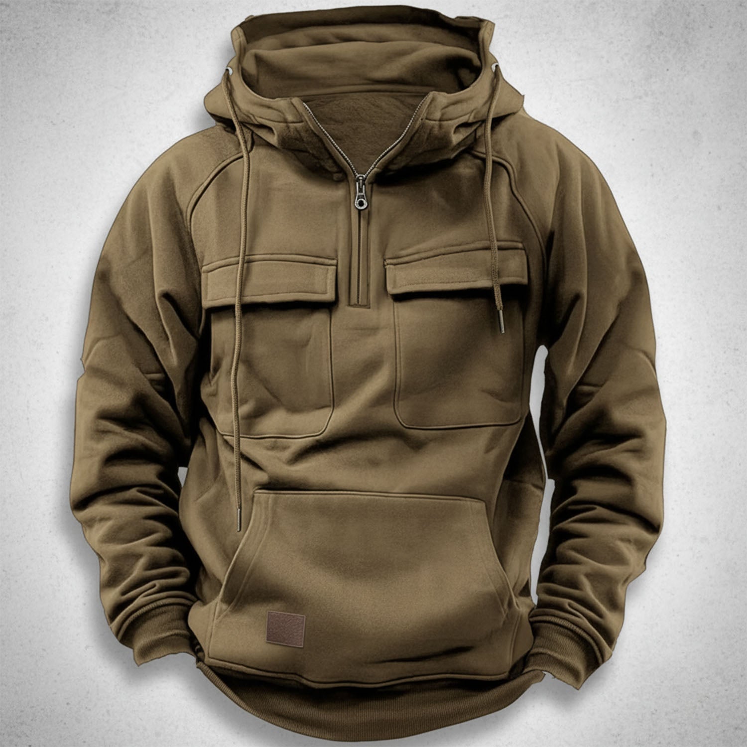 Men's relaxed fit quarter-zip hoodie in neutral tone with flap pockets and kangaroo pocket