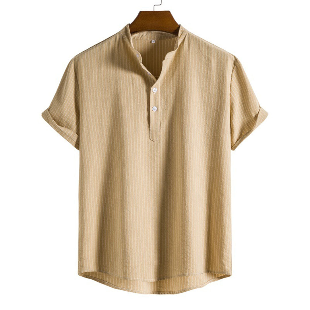 Men's blue striped polyester shirt with modern bold stripe design for versatile smart-casual wear