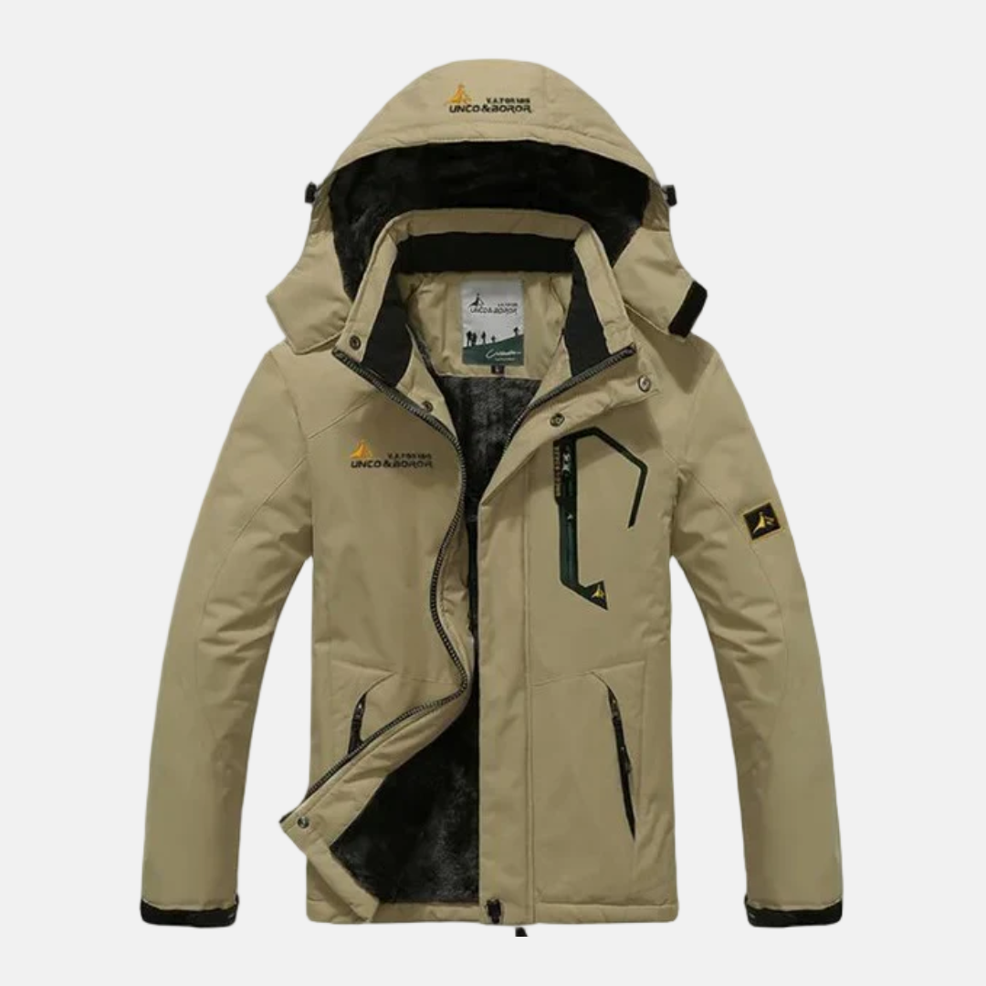 Men's hooded woven shell jacket plush fleece lining stand-up collar winter outdoor wear