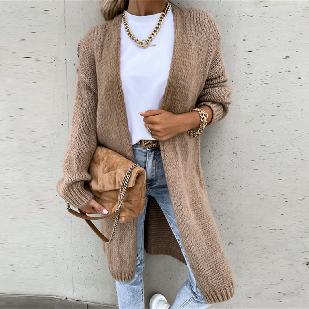 Women's relaxed fit long open-front cardigan in soft neutral tones for cozy everyday layering