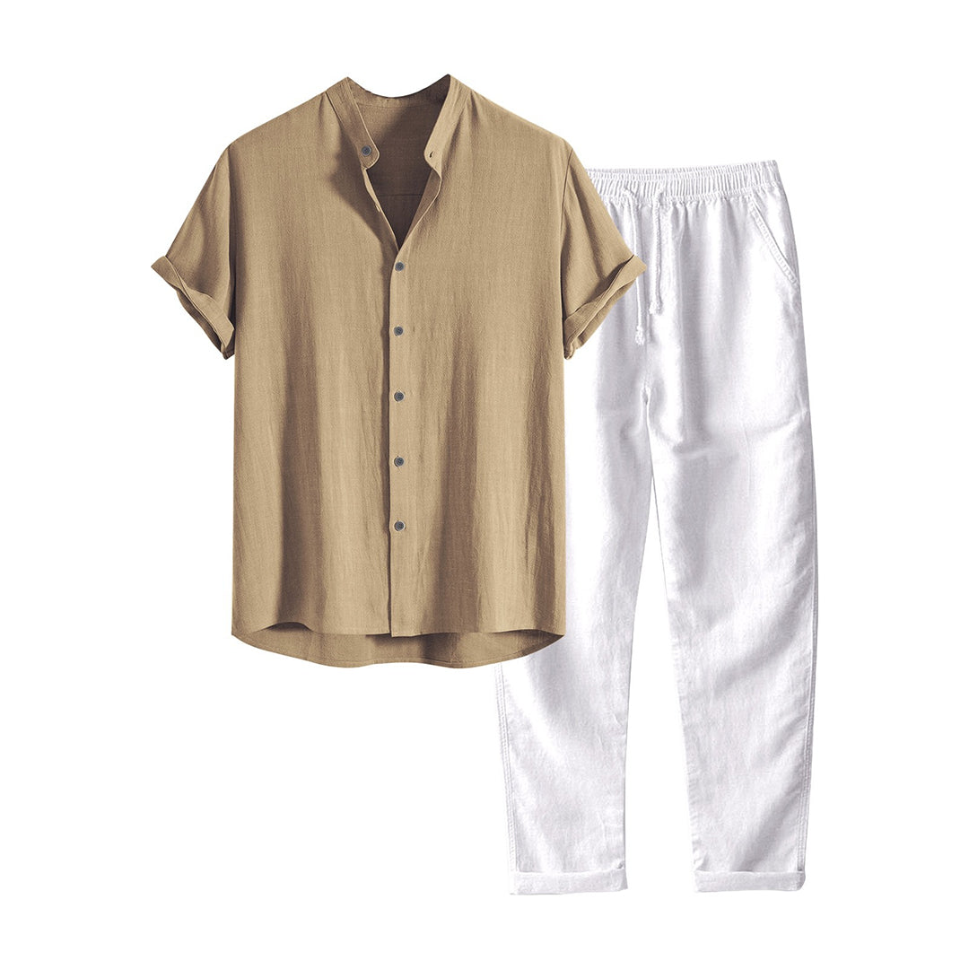 Men's breathable casual linen-style short-sleeve shirt and straight-leg pants summer two-piece set