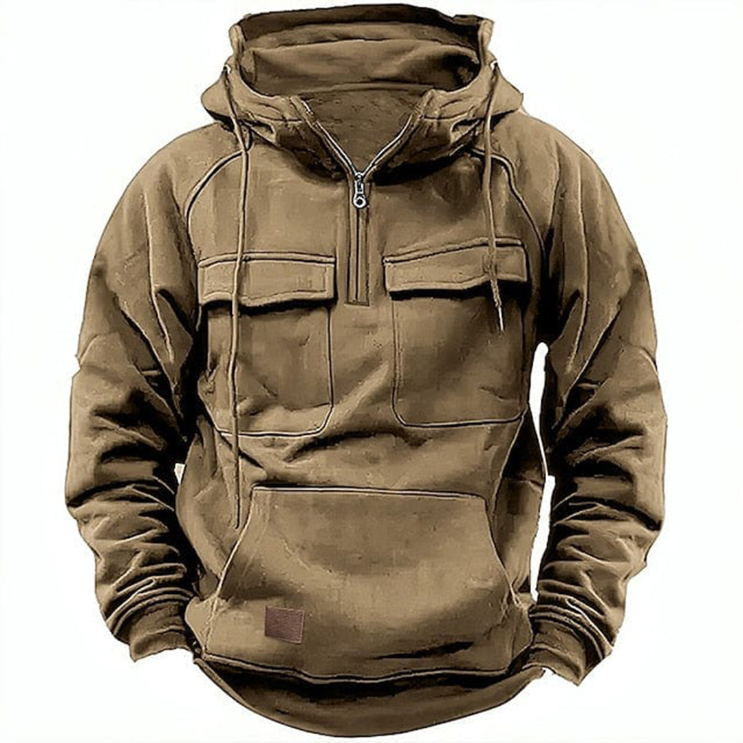 Men's gray half-zip hoodie relaxed fit with chest pockets and drawstring hood