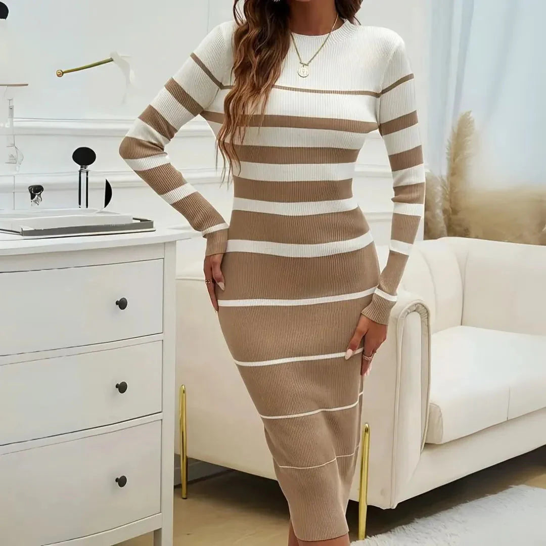 Women's striped bodycon midi dress luxuriously soft ribbed knit long sleeve form-flattering silhouette