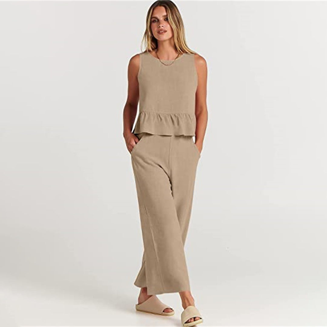 Women's bold vibrant two-piece set cropped top wide-leg pants breezy summer polyester ensemble