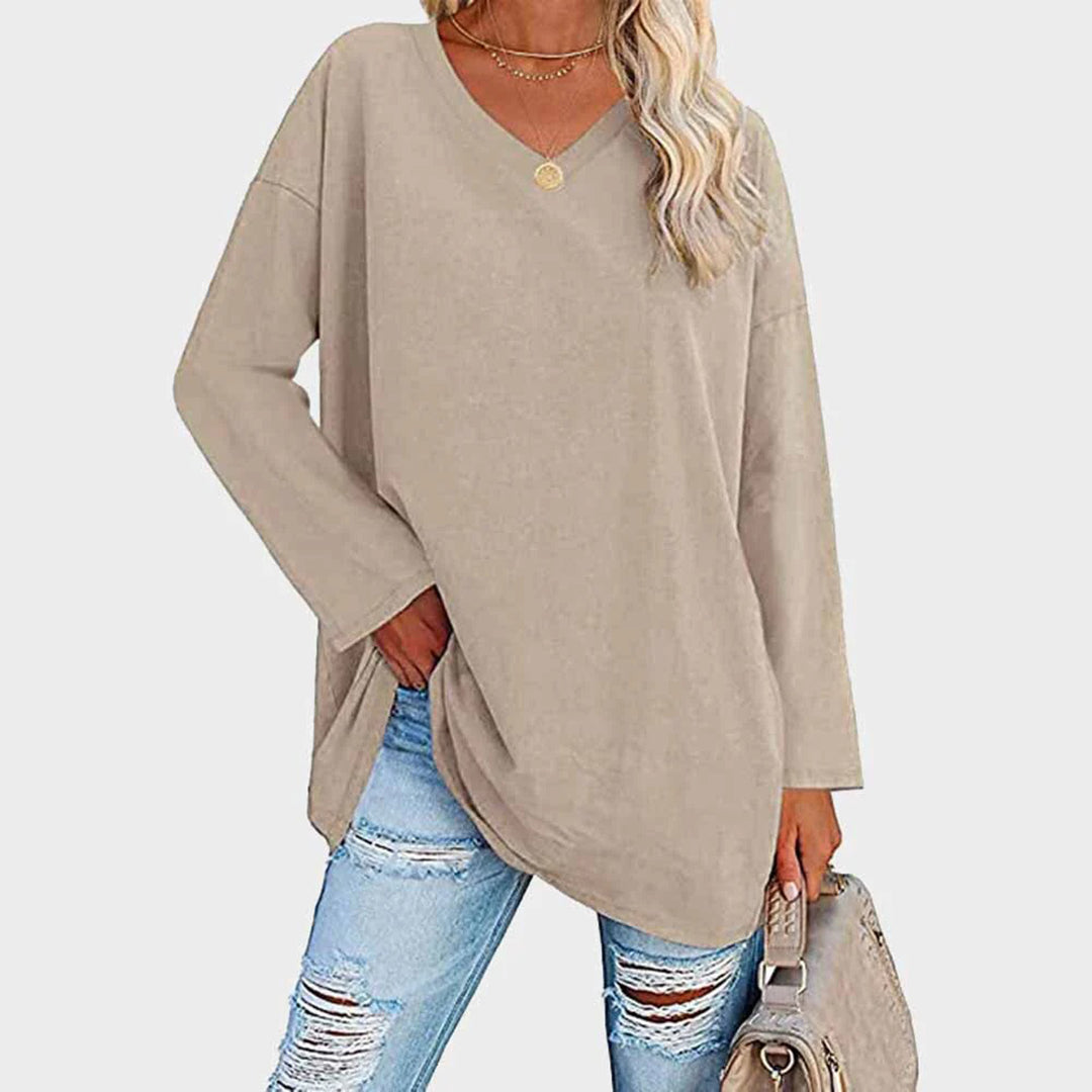 Addison women casual loose fit long sleeve top beige V-neck relaxed silhouette everyday comfort