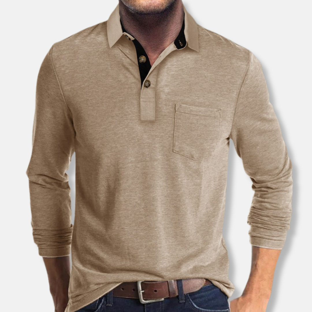 Men's cotton blend long sleeve polo shirt smart casual regular fit contrast collar