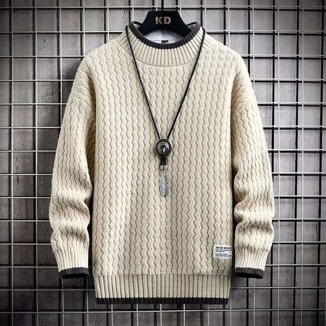 Men's crew neck wavy textured knit sweater with ribbed cuffs in a modern relaxed fit