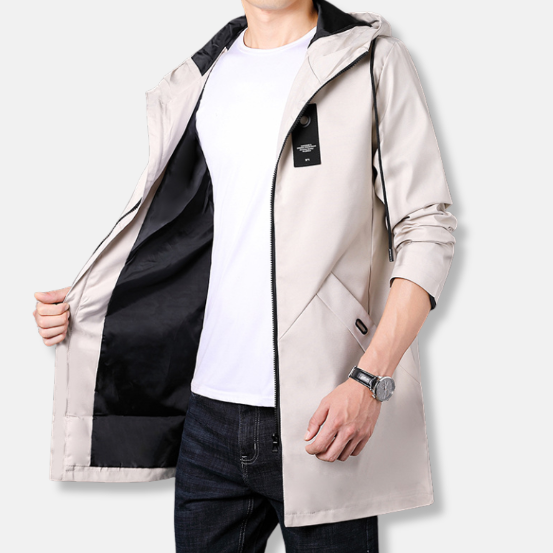 Men's woven hooded coat zipper closure mid-thigh smart casual urban style refined silhouette