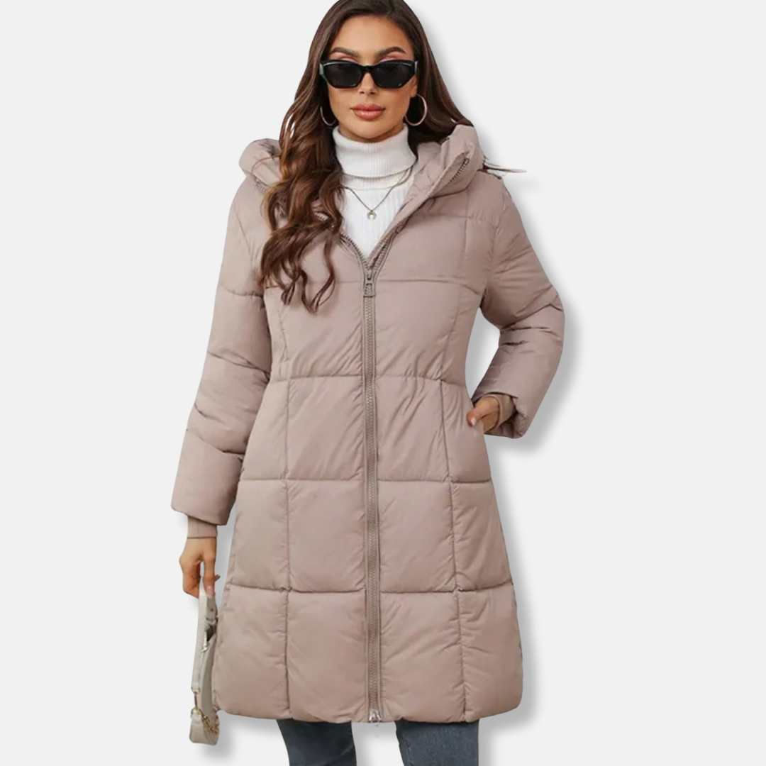 Women's quilted puffer coat hooded above-knee length insulated winter jacket cozy silhouette