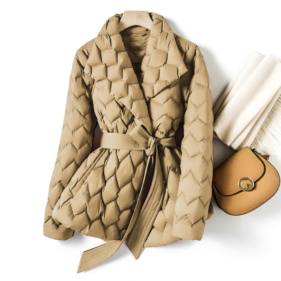Women's black quilted belted puffer coat with structured silhouette and adjustable waist belt