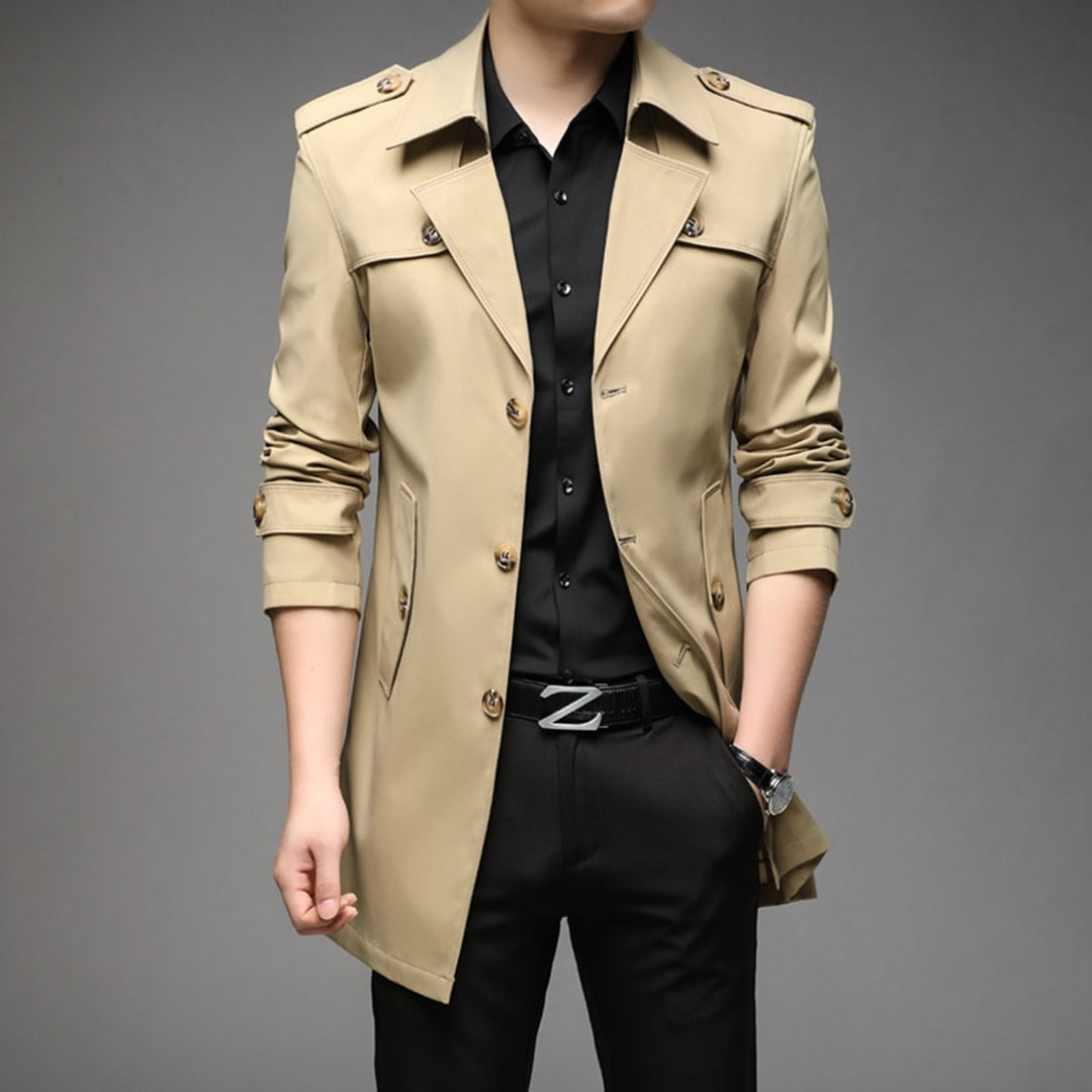 Men's lightweight single-breasted trench coat in classic neutral tone with clean front closure