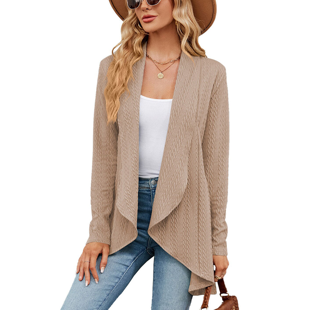 Women's relaxed fit winter cardigan in cozy cable-knit texture, warm layering piece for effortless style